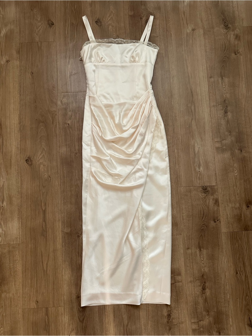 BHLDN Ivory Satin Stretch Draped Dress with Lace Trim